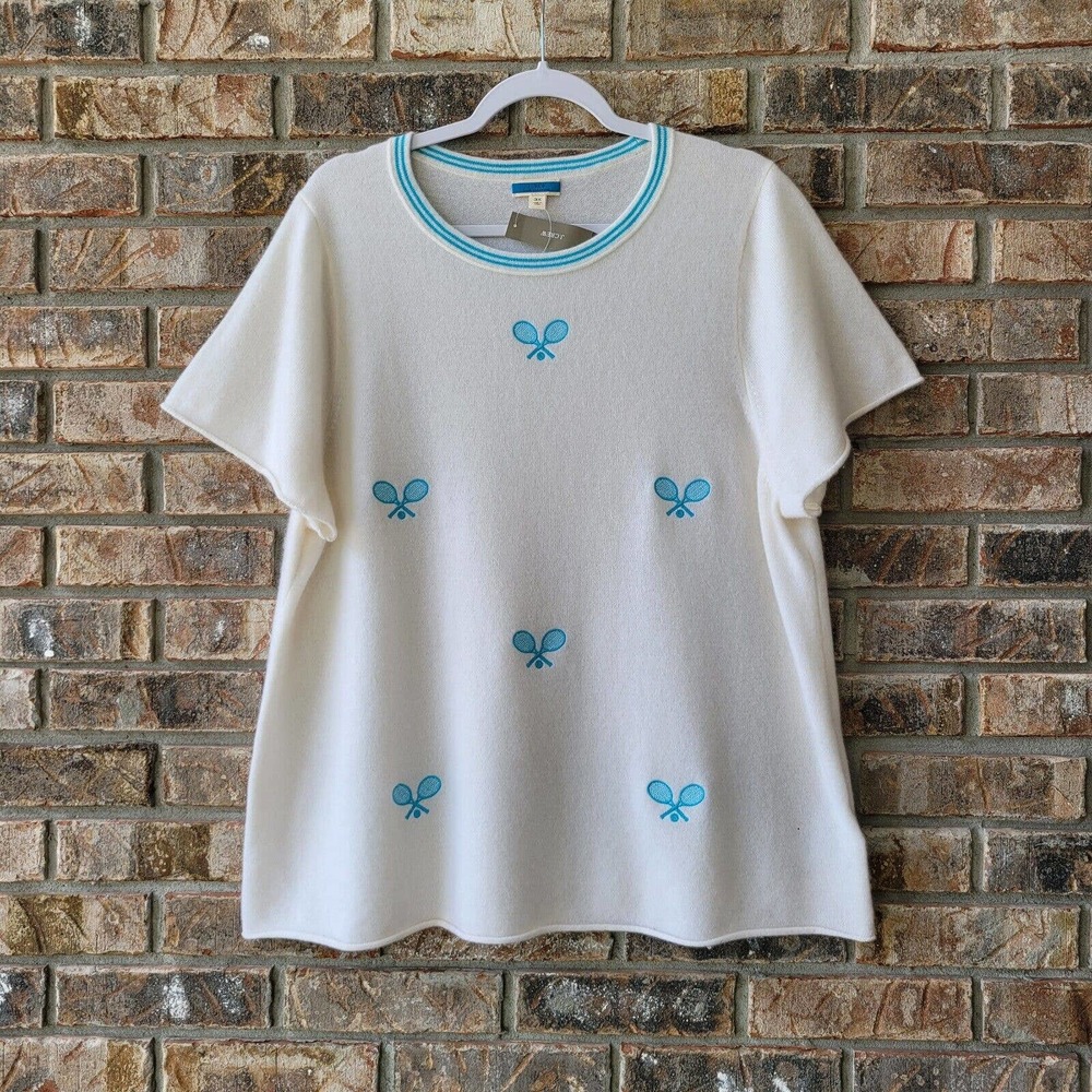 J Crew Women's S/S Cashmere Tee Shirt Tennis Embroidery Size 3X AW829 NEW